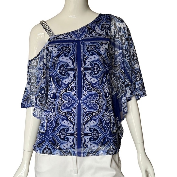 INC International Concepts Tops - INC International Concepts Off Shoulder Blue Paisley Sheer Sleeve Top Size Med